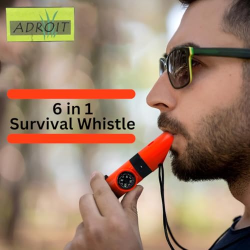 ADROIT 6 in 1 Survival Whistle | Compact Design 1" (2.5 cm) x 4" (10.2 cm) | LED, Compass, Thermometer & More | Orange High Visibility | 35" (88.9 cm) Lanyard | Essential for Adventure & Safety