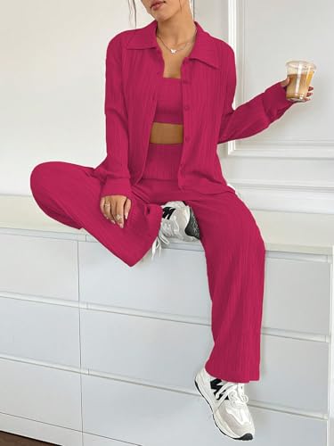 Image of Shasmi Women's 3-Piece Co-ord Set - Solid Button Front Shirt, Strapless Tube Top & Wide Leg Pants | Casual Loose Fit Western Outfit for Daily Spring /Fall Wear (Co-Ord-208)