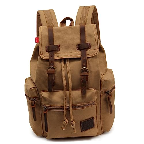 Retro Khaki Canvas Backpack for Men Durable Travel Rucksack with Side Pockets for Outdoor Activities Holds Clothes Books and Essentials