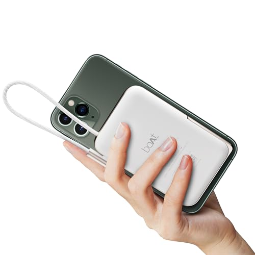 Image of Boat Energyshroom PB330 MagnaCharge 10000 mAh Magnetic Wireless Power Bank w / 15W Wireless Charging, Metal Stand,Magnacharge Ring for iPhone and Android Phones w /Wireless Charge(White)