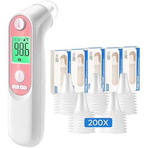 Ear Thermometer for Kids, Adults and Babies (Pink)+ 200X Ear Thermometer Probe Covers, Compatible for All Braun Thermometer and 109 Ear Thermometers Cover