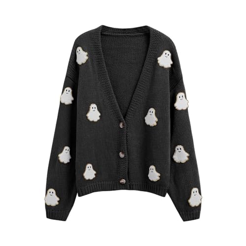 CHICWISH Women's Black Purple Halloween Ghost Patch Open Front Cardigan Sweaters V Neck Casual Button Down Knit Coats2