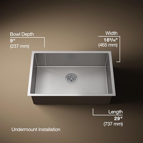KOHLER Strive® 29" Undermount Kitchen Sink, Medium Single Bowl with Basin Rack, Stainless Steel Kitchen Sinks, K-5409-NA by Kohler - Image 3
