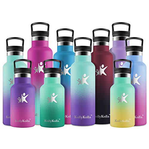 KollyKolla Botella de Agua Acero Inoxidable, Termo Sin BPA Ecológica Reutilizable, Botella Termica con Pajita y Filtro, para Niños & Adultos, Deporte, Oficina (350ml Macaron Verde + Púrpura Oscuro)
