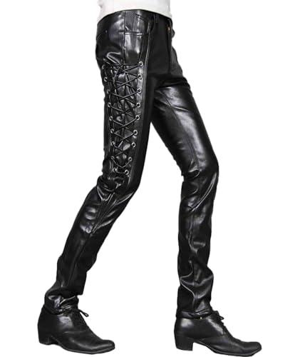 xxxiticat Men's Faux Leather Pants Low Rise Side Bandage Lace Up Rock Steampunk Motorcycle Slim Black PU Leather Trousers