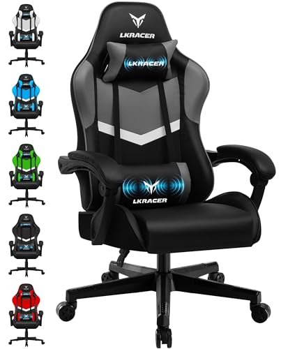 GTPLAYER Sedia da Gaming, Sedia da Ufficio, Massaggiante, Seggiolino da Gaming Ergonomico per Gamer, con Poggiatesta e Cuscino Lombare Massaggiante, Imbottita, Sedia da Gaming Girevole, Grigia