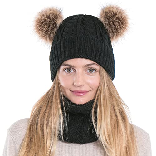 Image of Arctic Paw Womens Super Soft Warm Chunky Cable Faux Fur Pompom Knit Beanie Hat