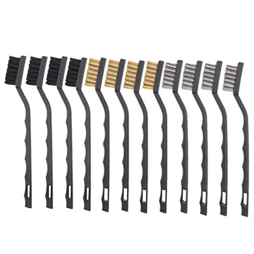 JZK Mini Juego de cepillos de Alambre de 12x (4X Negro + 4X Dorado + 4X Gris), Cepillo de Nylon de latón de Acero, óxido de Soldadura de Limpieza, Polvo y escoria