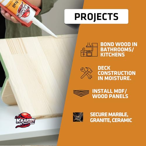 Image of Kraken Bond No More Nails Heavy Duty Clear Adhesive - (1x10.1 Fl Oz) 100% Waterproof & Extra Strong Polyurethane Construction Sealant for Wood, Ceramic, Tile, Floor, Granite, Rubber - 1 Pack