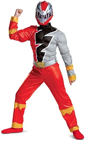 DISGUISE Official Red Power Rangers Costume Kids, Muscle Power Rangers Dino Fury Costume Fancy Dress Up Outfit Suit World Book Day Costumes for Boys
