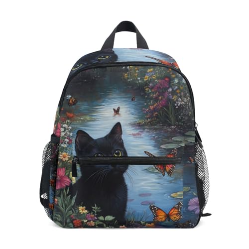 ISAOA Mochila retro de gatos negros para niños y niñas, mochila para preescolar, jardín de infantes, bolsa de viaje, mochila escolar para niños de 3 a 8 años, Black Cats Retro, 25.4x10x30.5cm