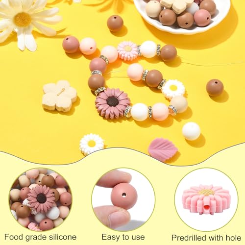 UR URLIFEHALL 100 Pcs 12 Styles Silicone Flower Leaf Round Shaped Rubber Spacer Beads for Pens Bagchain Keychain Jewellery Crafts - Image 3