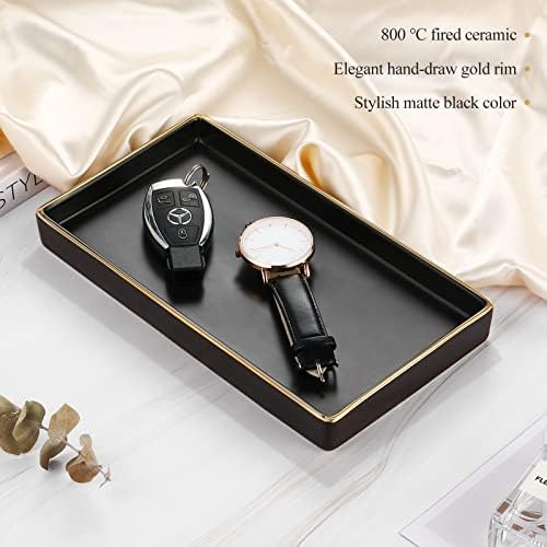 Luxspire Bathroom Vanity Tray, Ceramic Decorative Tray Jewelry Counter Storage Organizer, Gold Edged Dresser Kitchen Sink Tray for Perfume Candle Holder Bathroom Accessories -S- Matte Black
