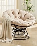 Villeston Papasan Chair with 360° Swivel, Brushed Knit Fabric Cushion – Beige Round Reading Chair with Wicker-Wrapped Frame for Outdoor & Indoor – Heavy Duty Steel Frame, Max 400lbs