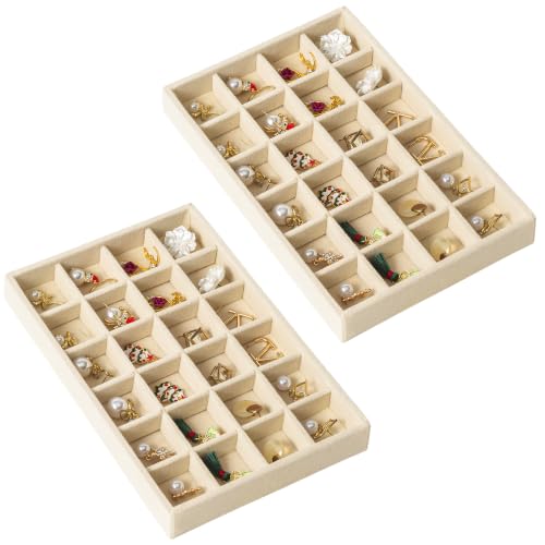 Frebeauty 24 Grid Earring Organizer,2 Pcs Velvet Jewelry Tray for Drawer | 8.8×5.7 inch,Drawer Friendly Size,Velvet Lining,Adjustable Dividers,Earring Holder for Rings Stud,Jewelry Organizer for Women
