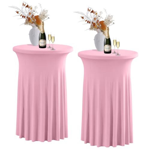 Jeloris 2 Pack Round Cocktail Table Covers with Skirt 24"x43" Spandex Stretch Cocktail Tablecloths with Wavy Drapes Fitted High Top Bar Table Skirt for Wedding Party Banquet (Pink)