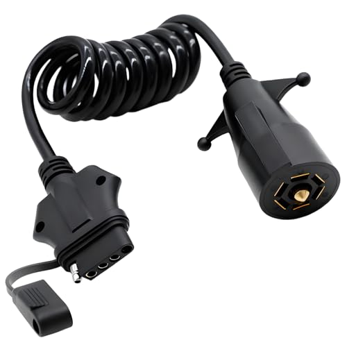 maierke 7 Pin to 5 Pin Trailer Light Adapter 7 Way Blade to 5 Way Flat Trailer Plug Adapter 7 Way to 5 Way Trailer Coiled Wiring Adapter Trailer Connectors for RV Truck 5 FT(60 inches)