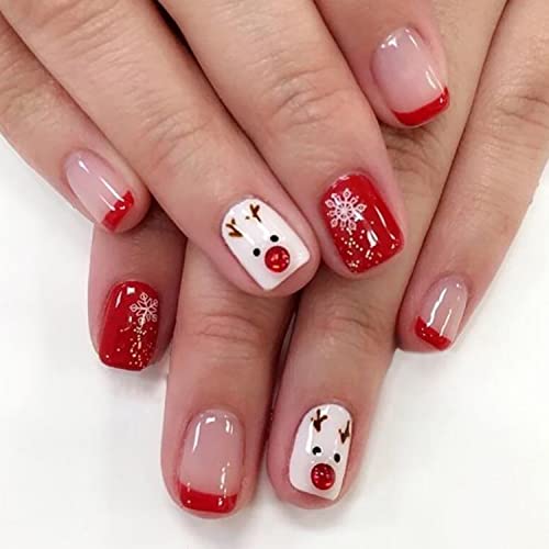 Christmas Press on Nails Short Square Design Fake Nails with Nail Glue Acrylic Artificial False Nails Cute Snow Elk Full Cover Stick on Nails for Women Girls Kids Manicure Tips 24Pcs?Red White?