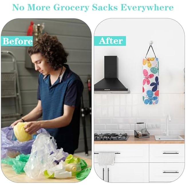 1PC Plastic Bag Holder, Reusable Grocery Bag Holder, Wall Mount Plastic Bag Organizer Dispenser, Flower Canvas Trash Bag Organizer Storage Holders, Hanging Shopping Bag Holder for Home Kitchen