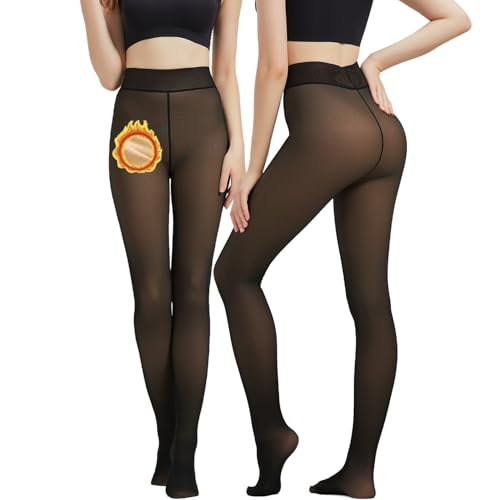Sumvov Thermo Strumpfhose Damen Winter,Nur Eine Mittelnahtlinie Im Schritt,Fleece Gefütterte Strumpfhosen,Hochelastische Leggings Gefälschte Durchscheinend Wärmende Pantyhose(Dickem Fleecefutter)
