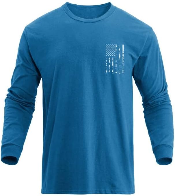 H HYFOL Men's Graphic T-Shirts USA Flag 100% Cotton Long Sleeve American Patriotic Crewneck Regular Tee Shirts(Vallarta Blue,XL - Image 3