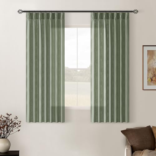 Image of Sage Green Pinch Pleated Linen Cafe Curtains 45 Inch Length 2 Panels for Dining Room Kitchen Bedroom Semi Sheer Pleat Drapes with Hooks Rings Light Filtering Short Window Curtain Cabinet 40x45