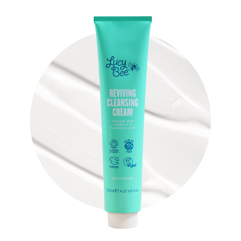 Lucy Bee Hydrating Facial Cleanser, Certified Organic Cream Cleanser, Dermatologist Approved For Sensitive Skin, Vitamin E & Aloe Vera, Unscented, Vegan, Cruelty Free & Palm Oil Free, 4.22 fl oz