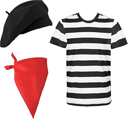 Kit francés puede ser mujer o hombre disfraz Kit 3 piezas tshirt-black boina y bufanda roja bastilla día, negro/ rojo, X-Large