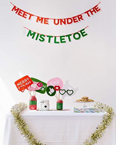Image of Pearhead Christmas Mistletoe Kissing Booth Photo Props, Holiday Party Decorations, Meet Me Under the Mistletoe Banner, Sticker Sheet, All In One Kit