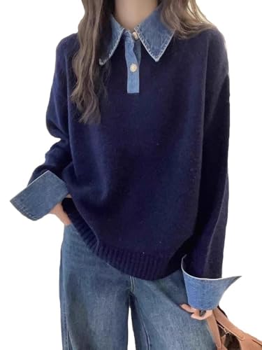 Womens Oversized Pullover Sweaters Long Sleeve Denim Panel Lapel Buttoned Loose V Neck Knit Sweater Tops