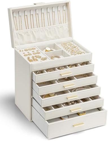 VLANDO Schmuckkästchen Groß, Schmuckaufbewahrung mit 6 Ebenen, Zimmer Deko | Geschenk für frauen,Schmuckschatulle für Ohrringe, Ringe Schmuck Aufbewahrung, mit Schubladen, Spiegel,