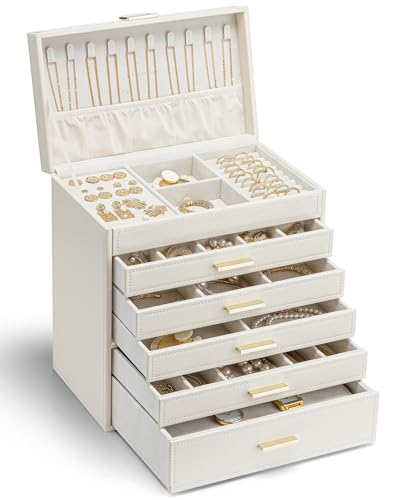 Vlando Modern Joyero Grande, Caja de Joyería con 6 Niveles, Caja de Joyas para Mujer, para Pendientes, Anillos, Almacenamiento de Joyas, con Cajones, Espejo, Almohadillas para Relojes, Regalo para