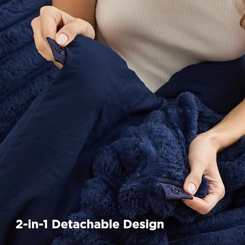 Image of Bedsure Gentlesoft 2-in-1 Queen Comforter Set and Detachable Fluffy Blanket, Navy Blue Bedding Set for All Season Use, Detachable Design for Space Saving (Includes 2 Pillow Shams, 2 Pillowcases)