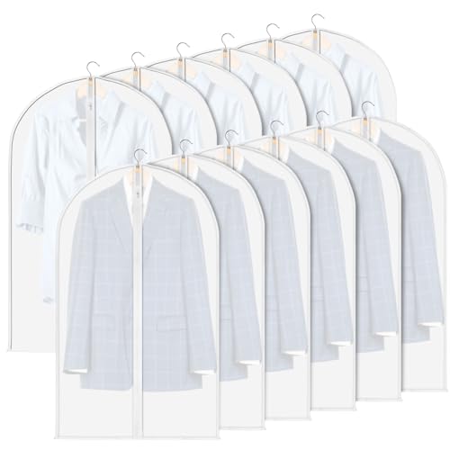 12 Pack Garment Bags for Hanging Clothes, Zippered Suit Bags for Travel, Translucent Clothing Covers (23'' x 39'')