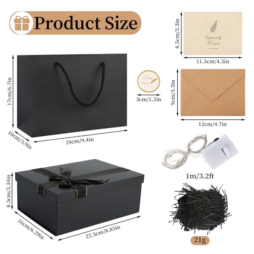 Geschenkbox mit Deckel, 22,5 x 16 x 8,5cm Schwarze Geschenkbox Geburtstag, Geschenkverpackung mit Grußkarte, Lichterkette, Bast und Tragetasche, Geschenkkarton für Hochzeit, Geburtstag