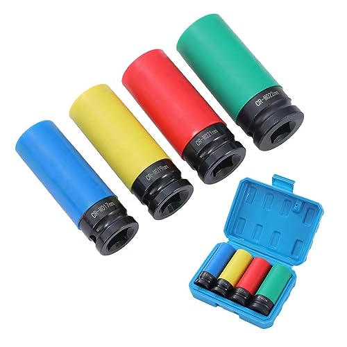 TOPWAY 1/2 Inch Drive Wheel Protector Impact Deep Socket Set 17mm 19mm 21mm 22mm 4PCs Thin Wall Multicolour Metric Lug Nut Sockets, Chrome Vanadium Steel, Auto Repairing Garage Tool