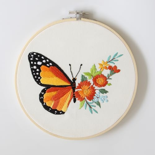 Image of Bonroy 4 Sets Embroidery Kit for Beginners,Embroidery Art Craft Handy Sewing Include Clothes with Pattern,Embroidery Hoops, Instructions,Color Threads Needle (Butterfly) (CX-55)