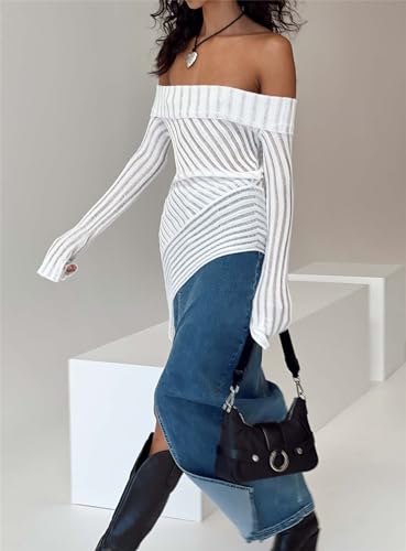 Image of Womens Off The Shoulder Sweater - Sexy Sheer Knit Relax Fitted Long Sleeve Asymmetrical Blouse Tops White M
