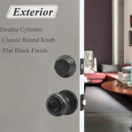 Probrico Keyed Alike Round Ball Entry Door Knob And Double Cylinder Deadbolt Set, Flat Black, 1Pack #TOP2