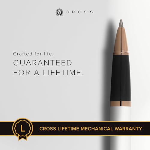 Image of Cross Bailey White & Rose Gold Refillable Rollerball Pen - Medium Point, Black Ink, Presented in a Premium Gift Box