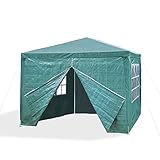 JOM Car Parts & Car Hifi GmbH 127137 pabellón de jardín, 3 x 3m, verde, con 4 paredes laterales / 3 x ventanas / 1 x puerta con cremallera, material PE 110G, varillaje metálico, hidrófugo, estaquillas y cuerdas
