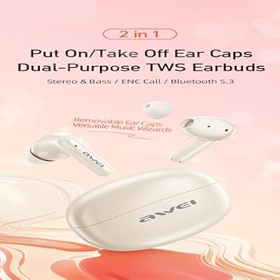 AWEI T90 Wireless Earbuds, Bluetooth 5.3 Headphones Bass Stereo, Ear Buds with Noise Cancelling Mic, IPX6 Waterproof in Ear Earphones, 35H Playtime for Laptop Pad Phones Sports Workout, White