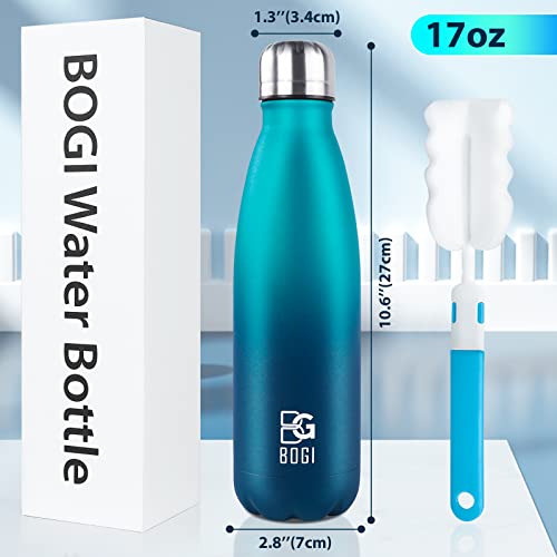 Bogi Insulated Water Bottle, 17Oz Stainless Steel Water Bottles, Leak Proof Sports Metal Water Bottles Keep Cold For 24 Hours And Hot For 12 Hours Bpa Free Kids Water Bottle For School (Blue Dblue) #TOP1