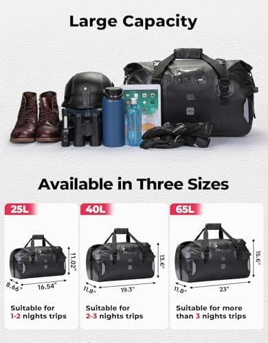 KEMIMOTO Waterproof Motorcycle Dry Bag – Duffle Tail Bag Soft Luggage, 25L/40L/65L Large Capacity with 4 Quick-Release Straps, Dustproof for Touring, Adventure, Motorcycling & Camping Black Detail