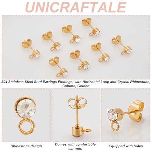 UNICRAFTALE 20pcs Golden Rhinestone Earring Studs with Loop, Stainless Steel Crystal Earrings for DIY Jewelry Making - Image 4