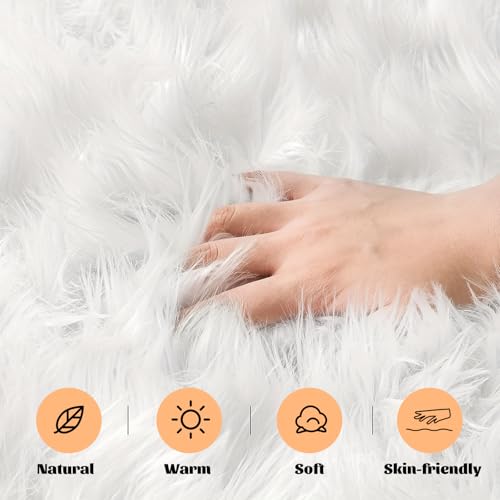 VAIGU:OA Faux Lammfell Schaffell Teppich 60x120 cm, Lammfellimitat Teppich Flauschiger Weicher Fell Teppiches, Longhair Fell Lammfellimitat Carpet für Stühle Sofa Schlafzimmer Kinderzimmer (Weiß)