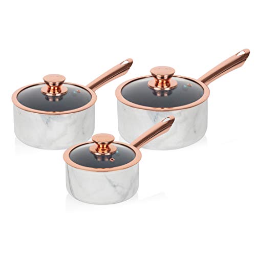 Tower T800061WR 3 Piece Saucepan Set with Infinistone Non-Stick, Tempered Glass Lids, Stainless Steel Handles, 16/18/20 cm, White Marble and Rose Gold, 3 Piece Set