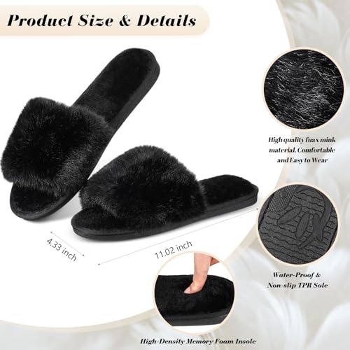 Image of Toulite 6 Pairs Bridesmaid Slippers Bulk, Black White Fuzzy Slippers for Women Fluffy Cozy Open Toe Soft Bride Slipper Wedding Ladies Furry House Shoes