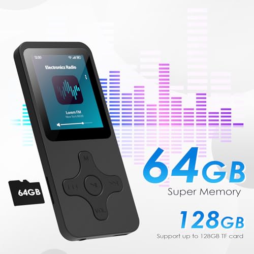 Gueray MP3 Player with Bluetooth & 64G Micro SD Card Build-in Speaker Bluetooth 5.0 Portable MP3 FM Radio Photo E-Book Reader 1.8 inch Screen Supports up to 128GB (Black)