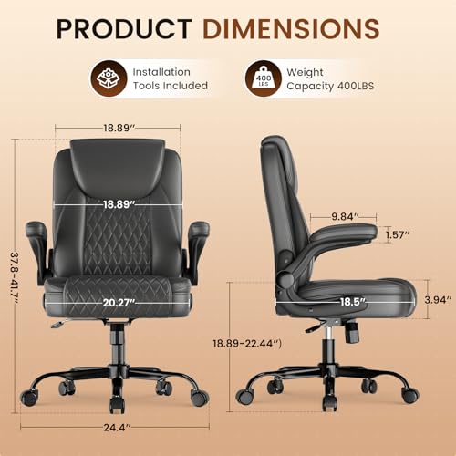 Image of GTPLAYER Leather Office Chair, Home Desk Chair with Flip-up Arms and Ergonomic Back - Comfy Heavy Duty Executive Chair for Home Office Gaming, Gray